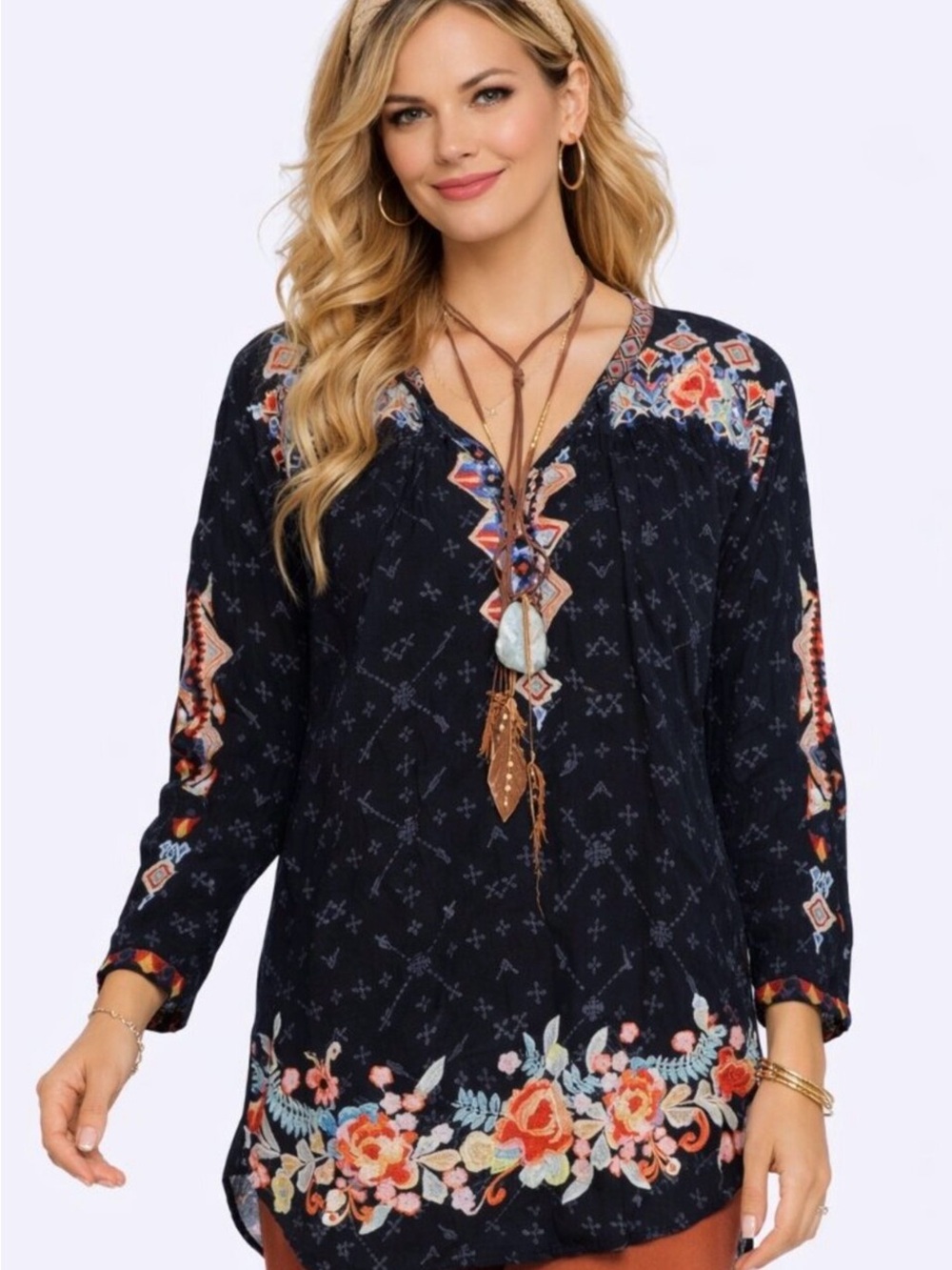 Johnny Was Navy Floral Embroidered Tunic